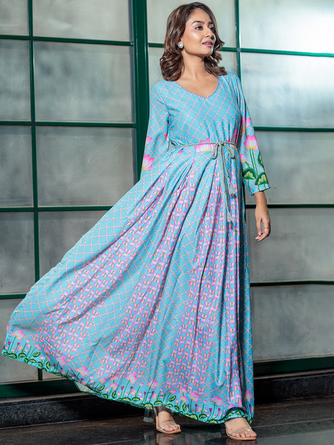 Sky Blue Pichwai Art Pleated Maxi Dress