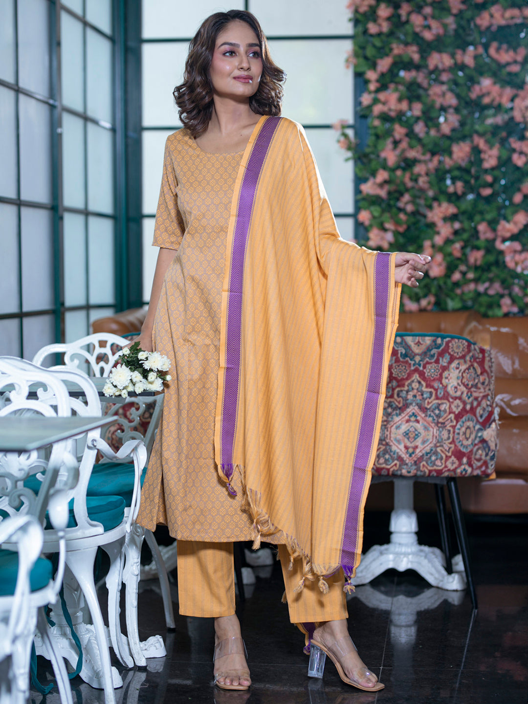 Mustard Yarn Dyed Kurta Set with dupatta