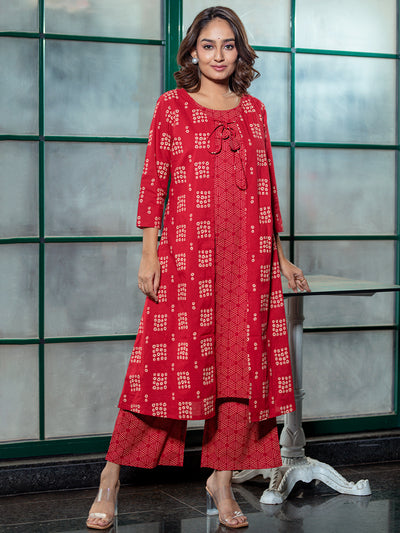 Red layered Kurta Set with jacket