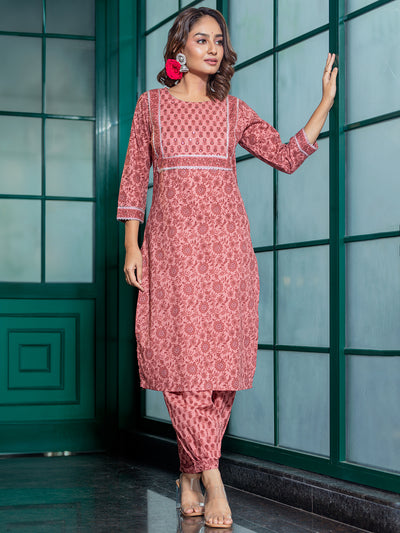 Pink Ethnic Motif Embroidered Kurta Set with Afgani Pant