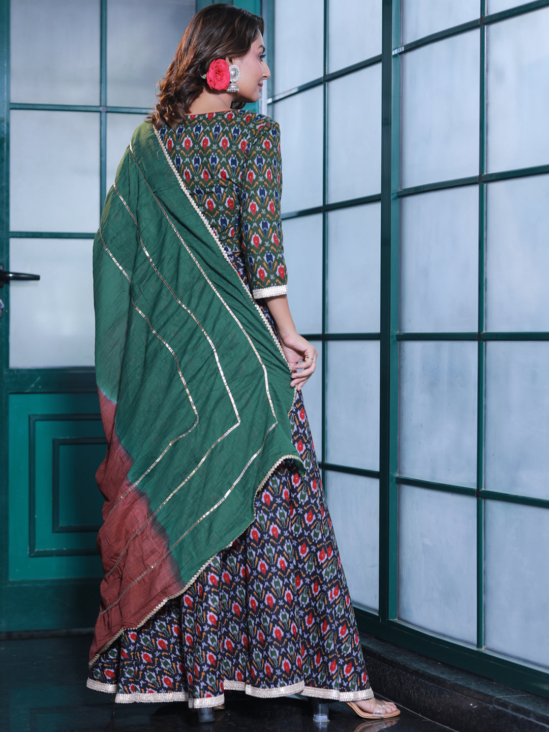 Olive & Black Patola Print Lehenga Choli