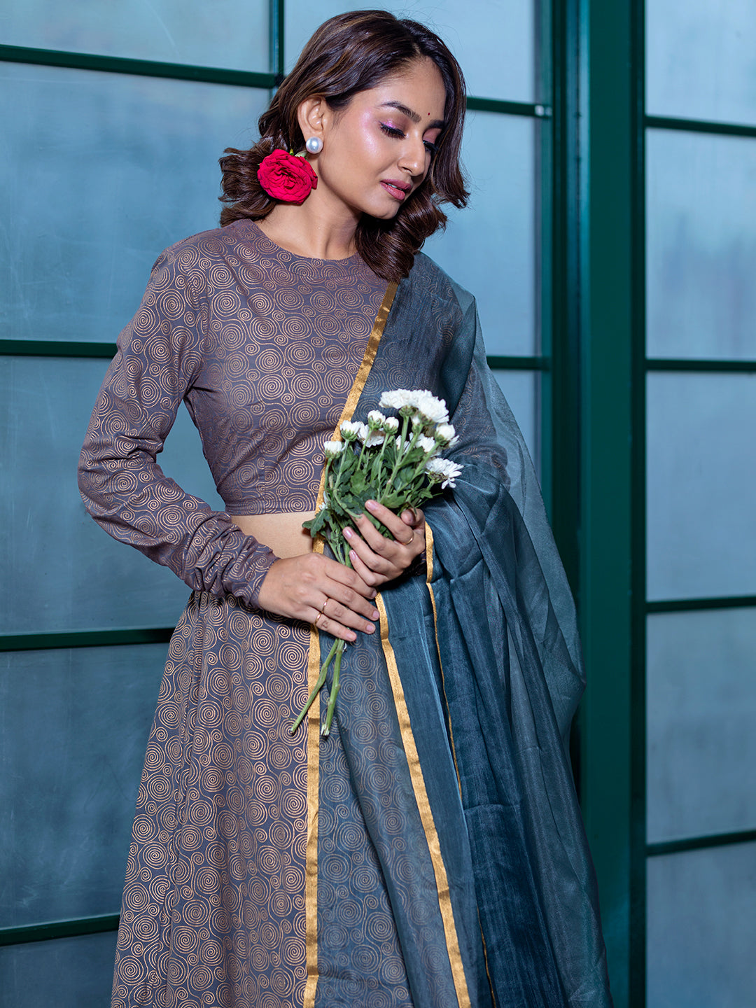 Grey & Gold Lehenga Choli With Organza Dupatta