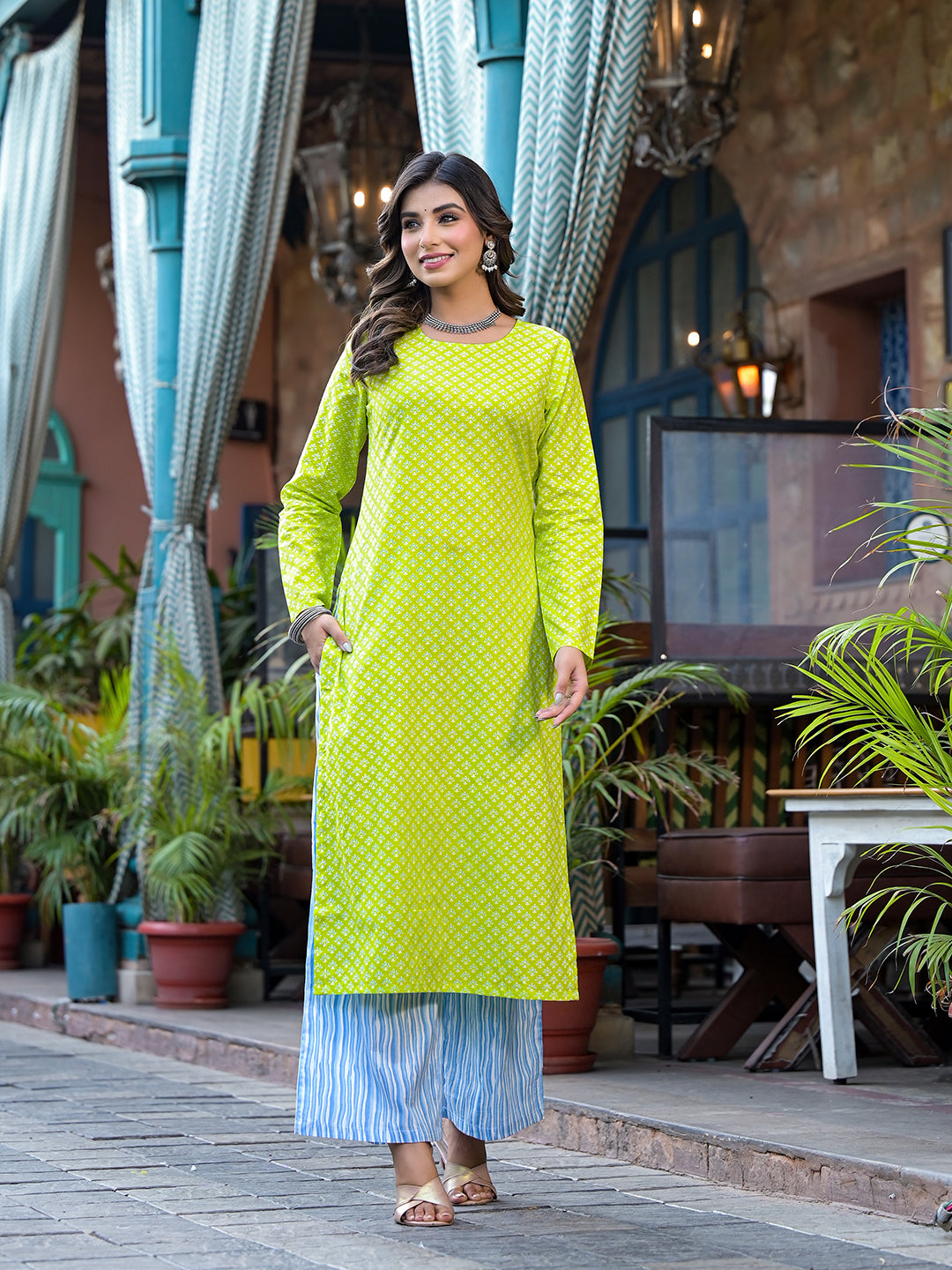 Lime Green kurta with Blue Palazzo