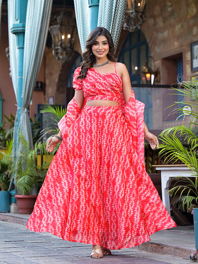 Red Kota Doria Lehenga Choli with One-Shoulder Blouse