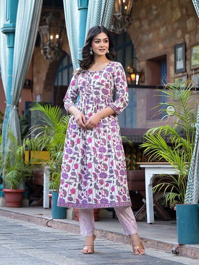 Off-White A-Line Kurta set with Soft pick Floral Print