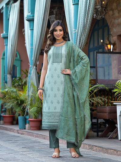 Green Schifli Kurta Set with Mirror Work Dupatta