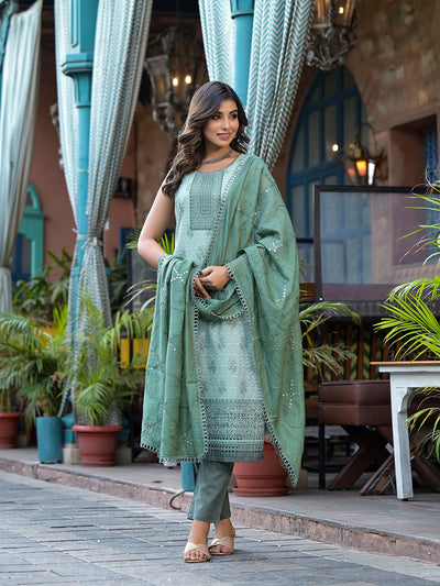 Green Schifli Kurta Set with Mirror Work Dupatta