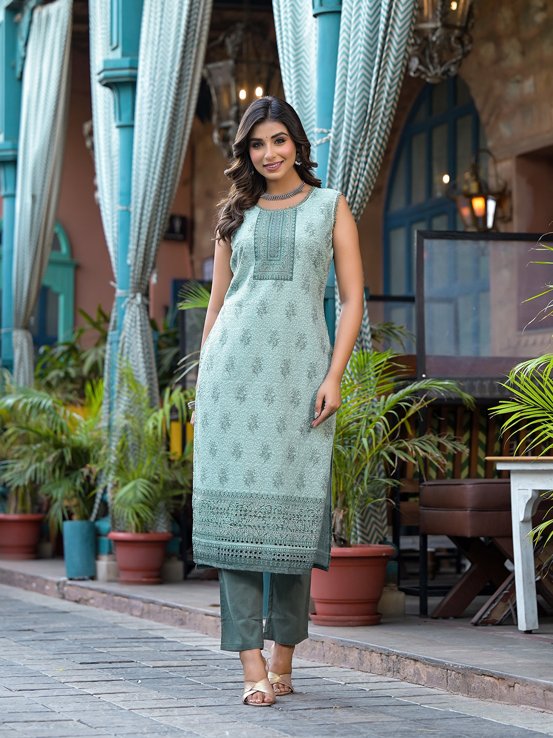 Green Schifli Kurta Set with Mirror Work Dupatta