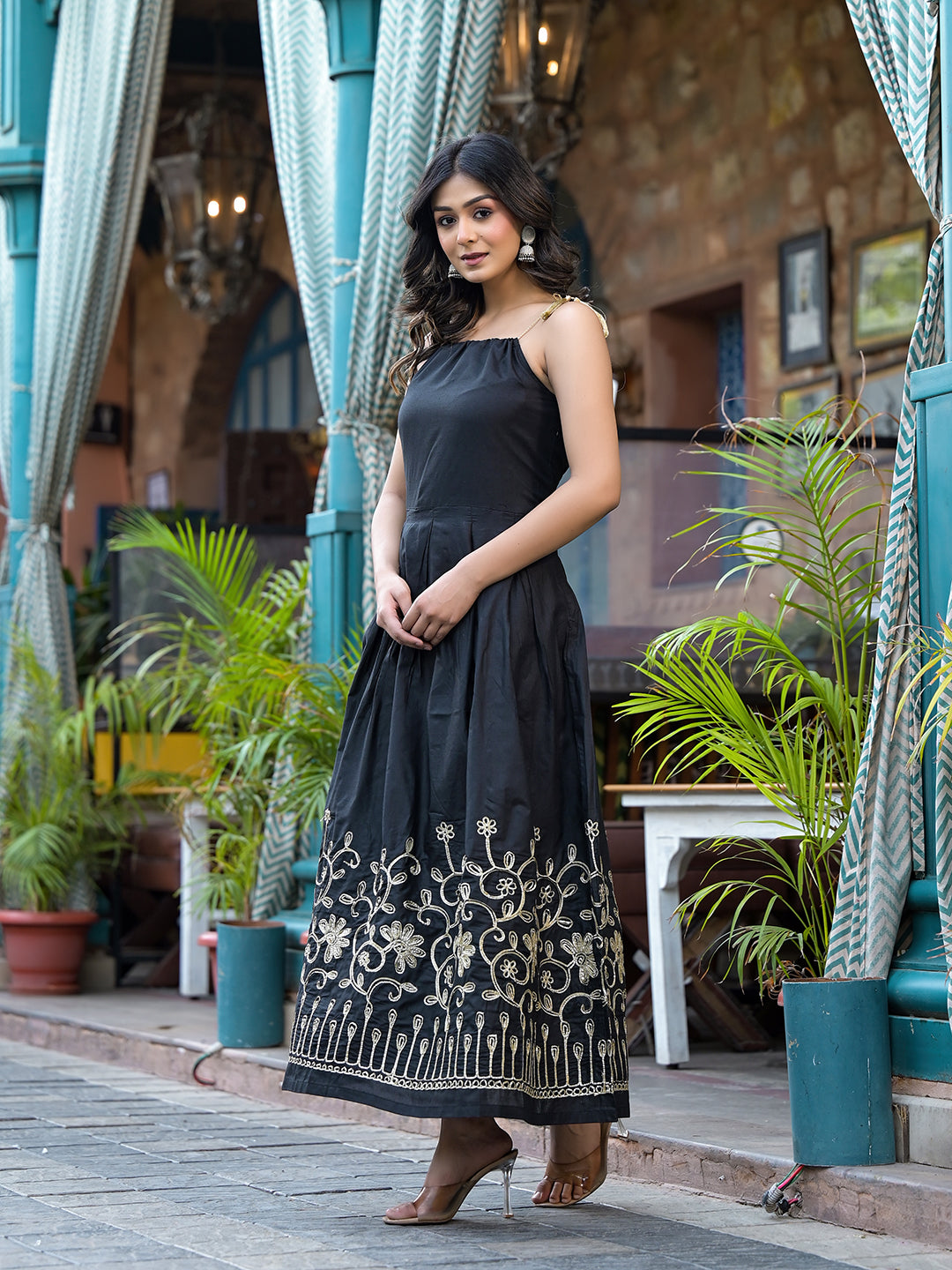 Black Gota Embroidered Maxi Dress