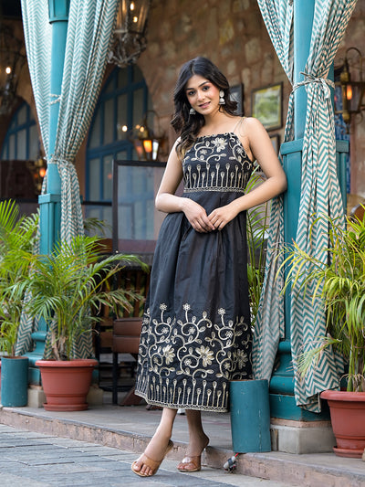 Black Gota Embroidered Midi Dress