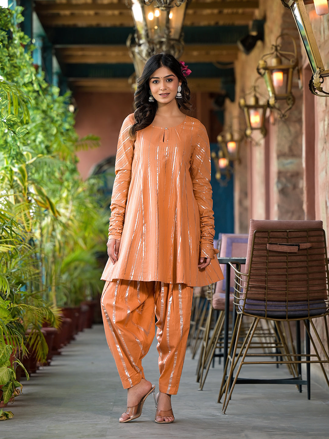 Orange Lurex pakistani Kurta Set