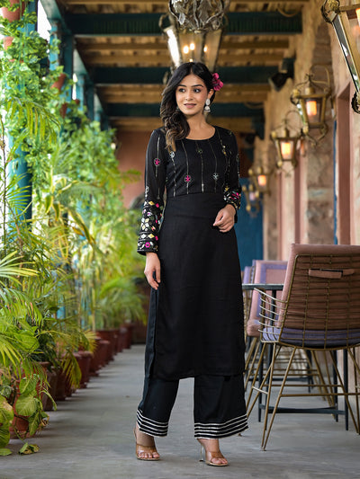 Black embroidered straight kurta