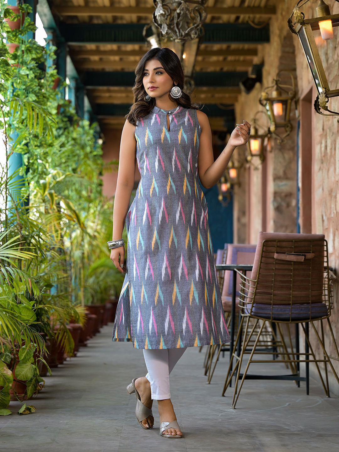 Grey Ikat Multicolored straight kurta