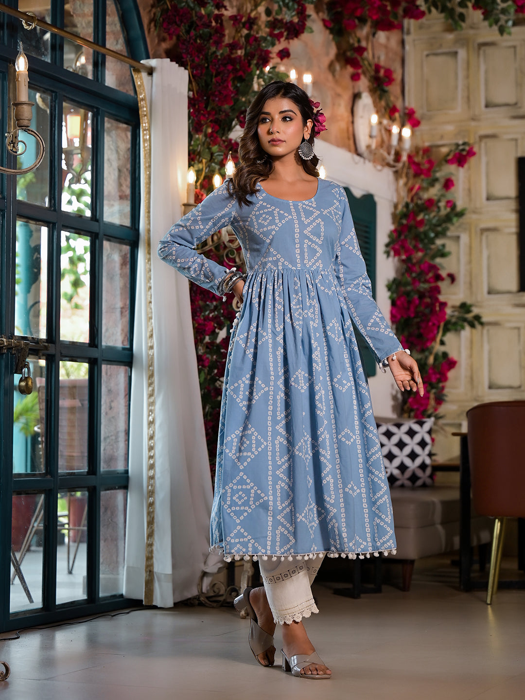 Sky Blue Bandhani Nyra Cut Kurta