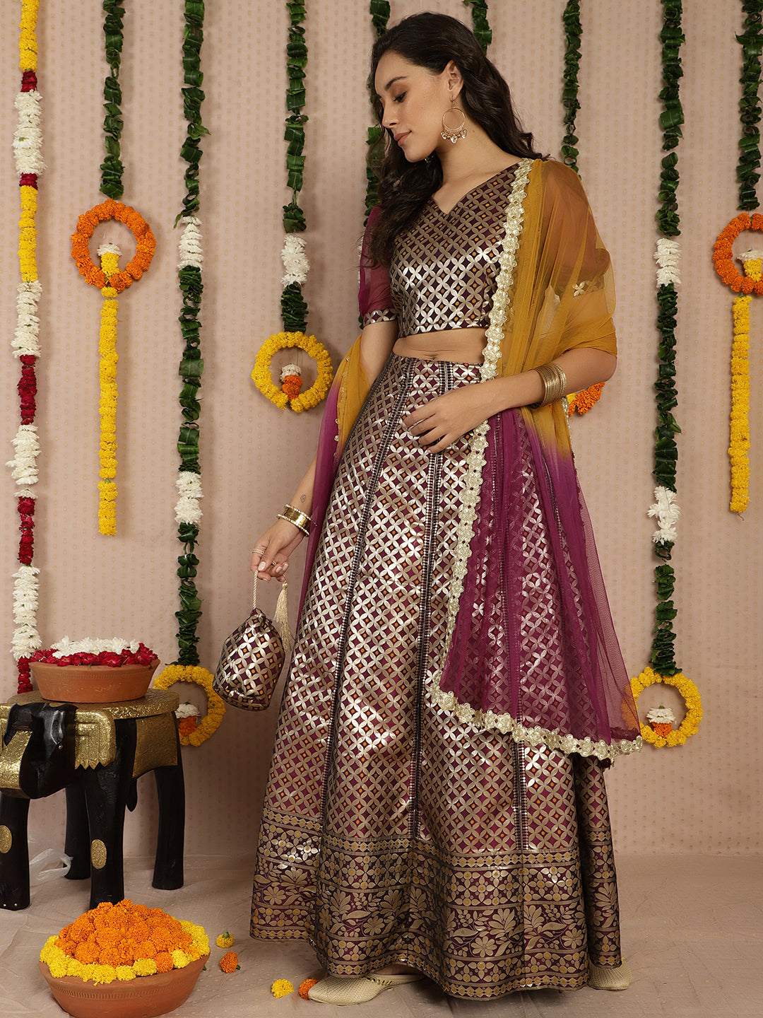 Voilet & Gold banarasi Jacquard Lehenga Choli