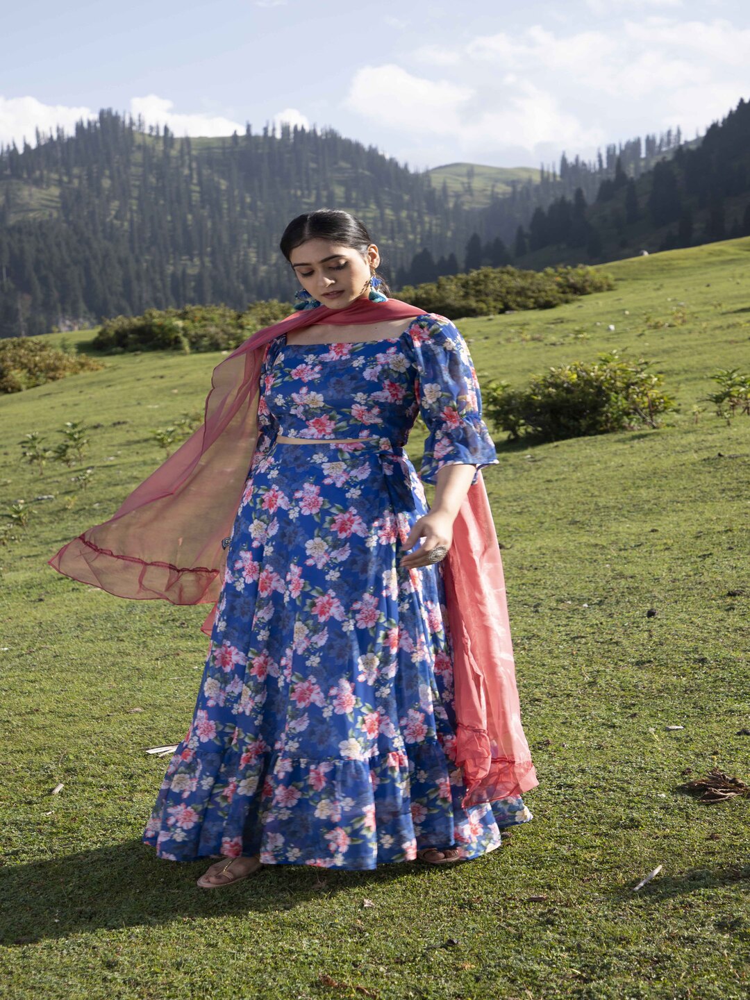 Navy Blue Floral Lehenga Choli with Dupatta