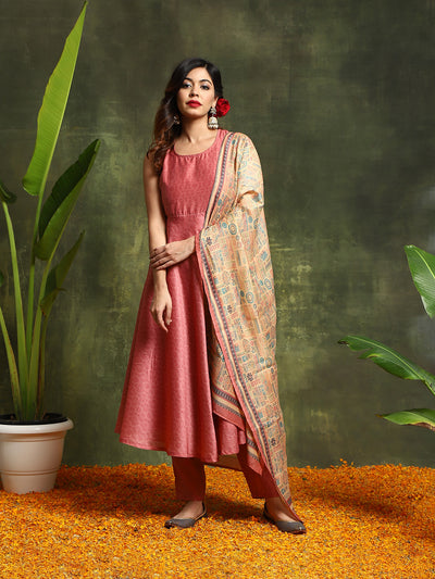 Pink Muslin Print Anarkali Kurta with tie-ups Suit Set