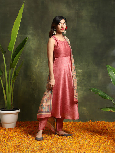 Pink Muslin Print Anarkali Kurta with tie-ups Suit Set