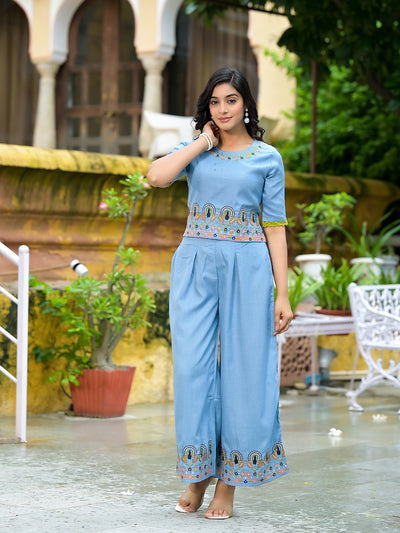 Blue Embroidered Co Ord Set