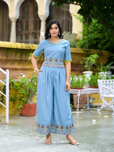 Blue Embroidered Co Ord Set