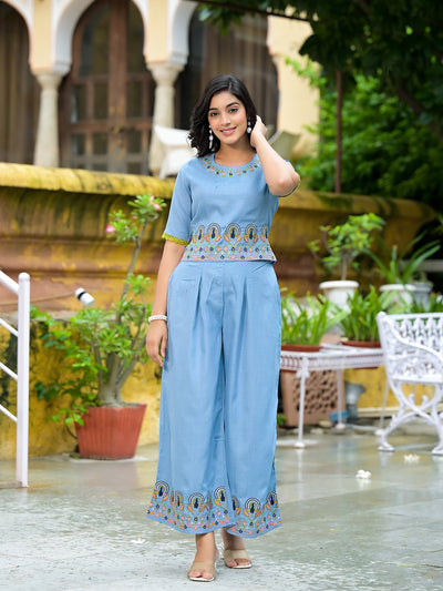 Blue Embroidered Co Ord Set