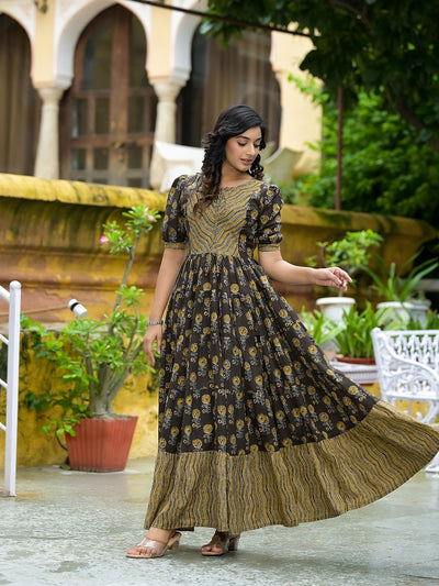 Olive & Grey Floral Print Tiered Maxi Dress