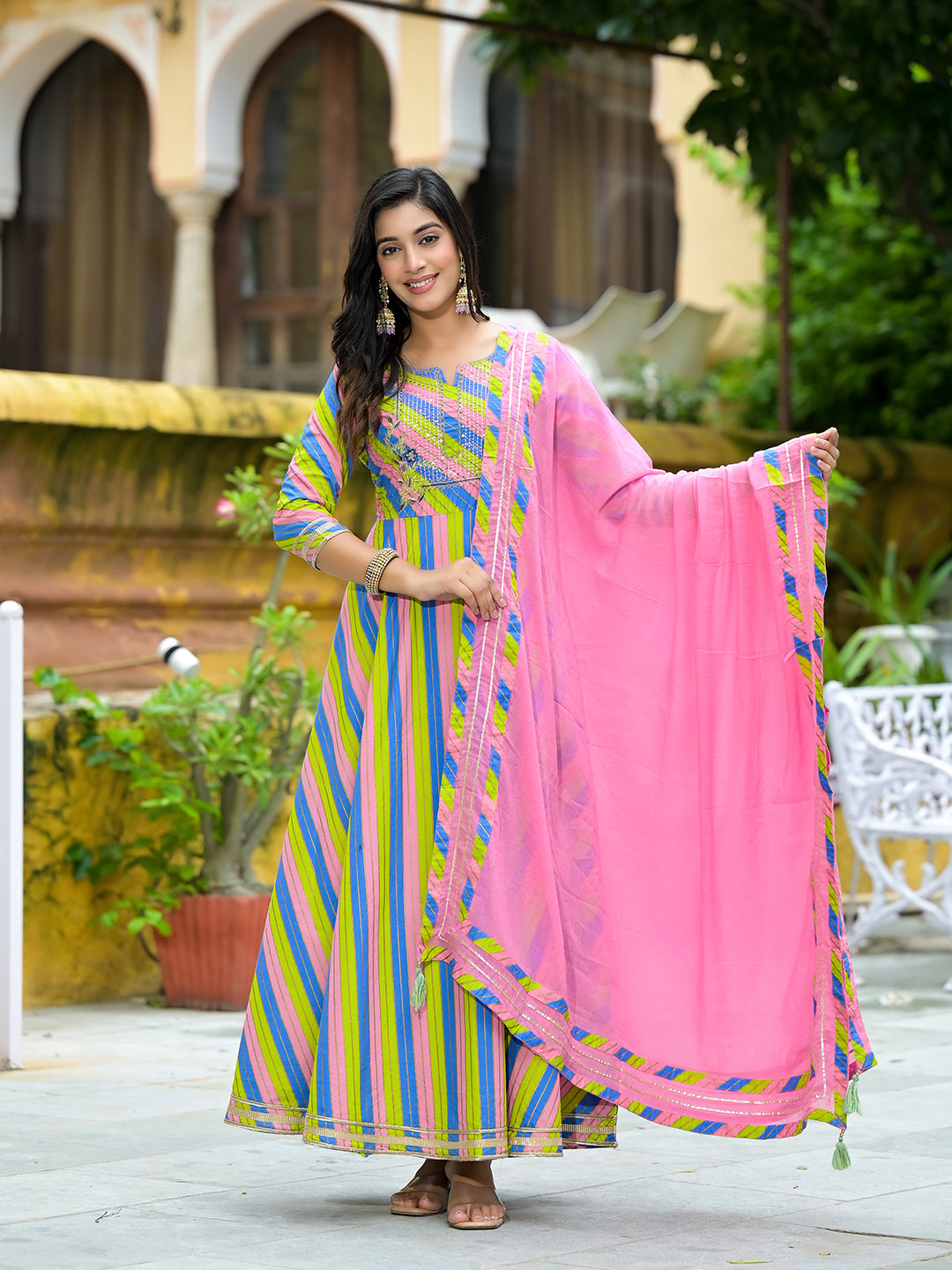 Leheriya Multicolor Anarkali with Dupatta