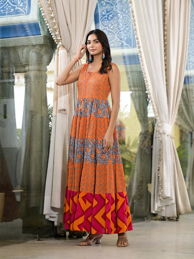 Orange & Grey Floral Print Flared Maxi Dress