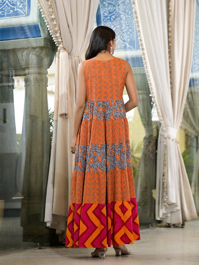 Orange & Grey Floral Print Flared Maxi Dress