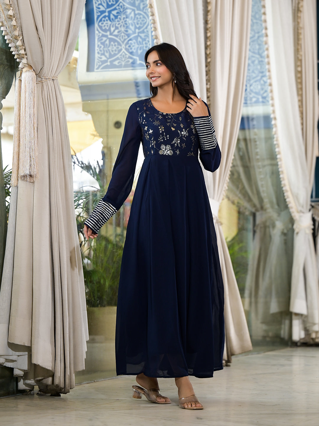 Navy Blue Sequinned Maxi Dress