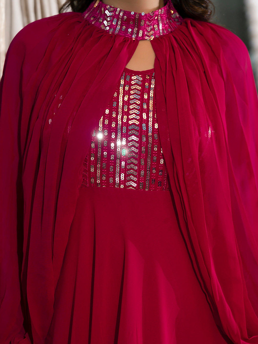 Magenta Sequin Dress With Cape Sleeve