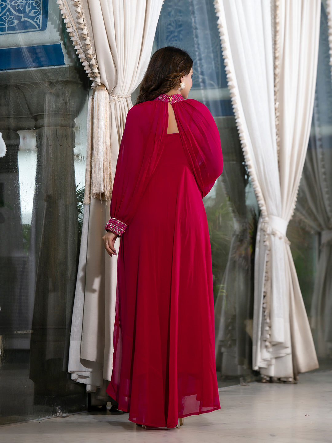 Magenta Sequin Dress With Cape Sleeve