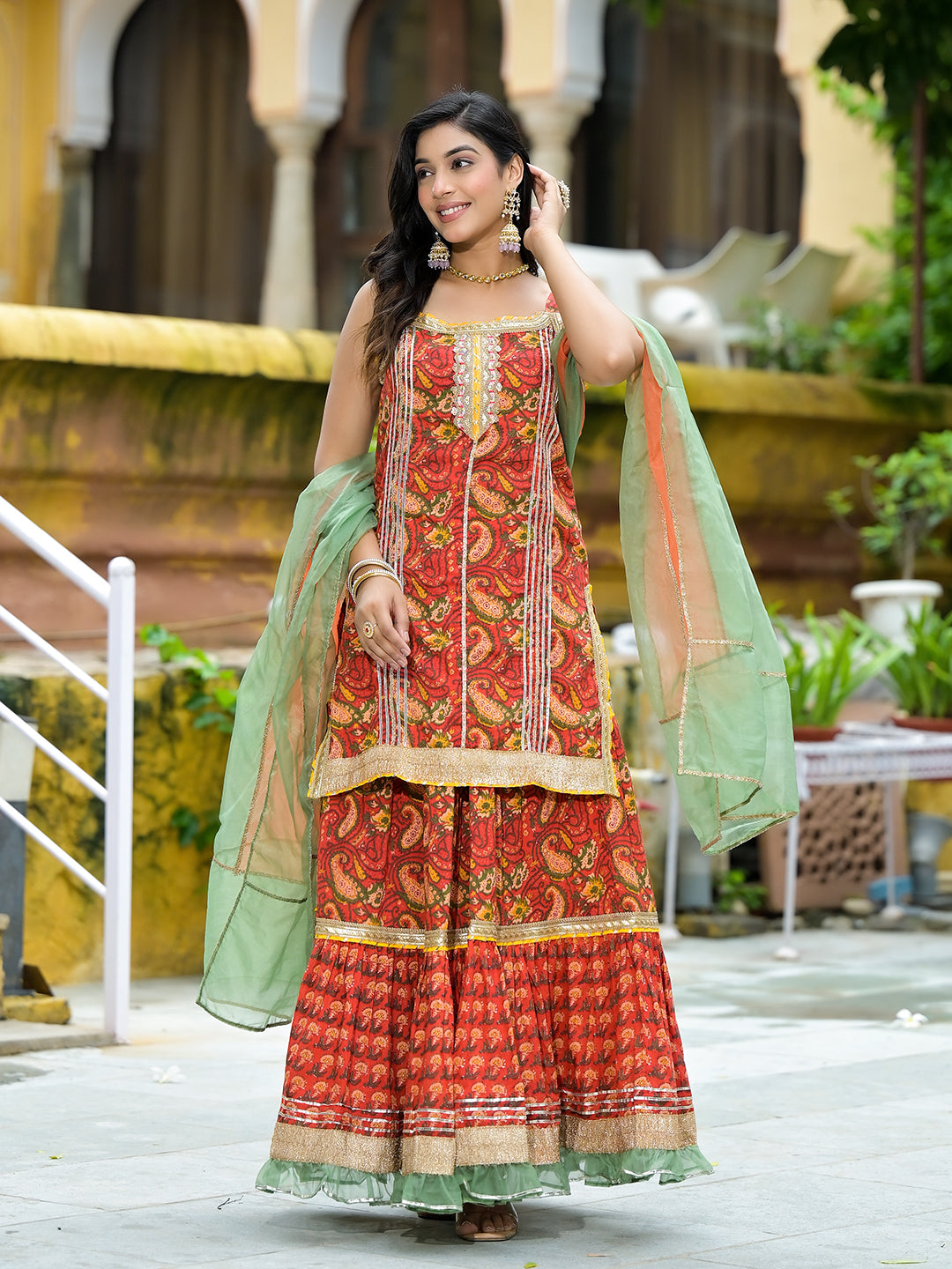 Red Cotton Gota Work Kurta with Tiered Skirt & Dupatta