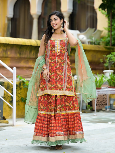 Red Cotton Gota Work Kurta with Tiered Skirt & Dupatta