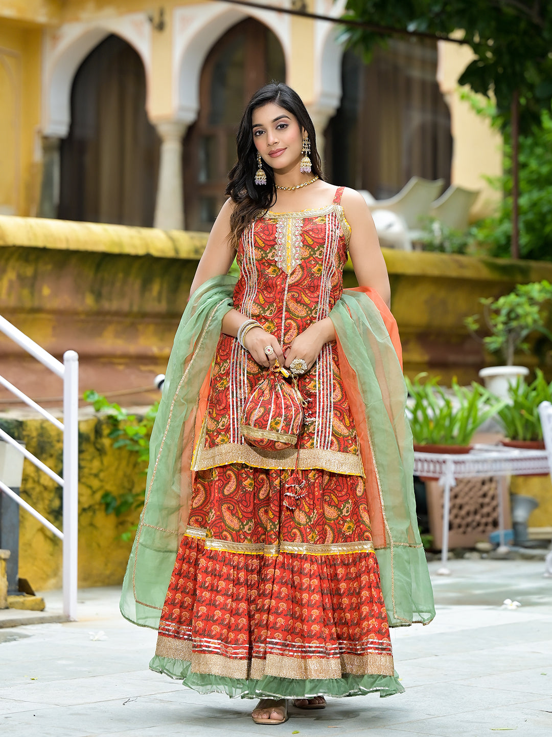 Red Cotton Gota Work Kurta with Tiered Skirt & Dupatta