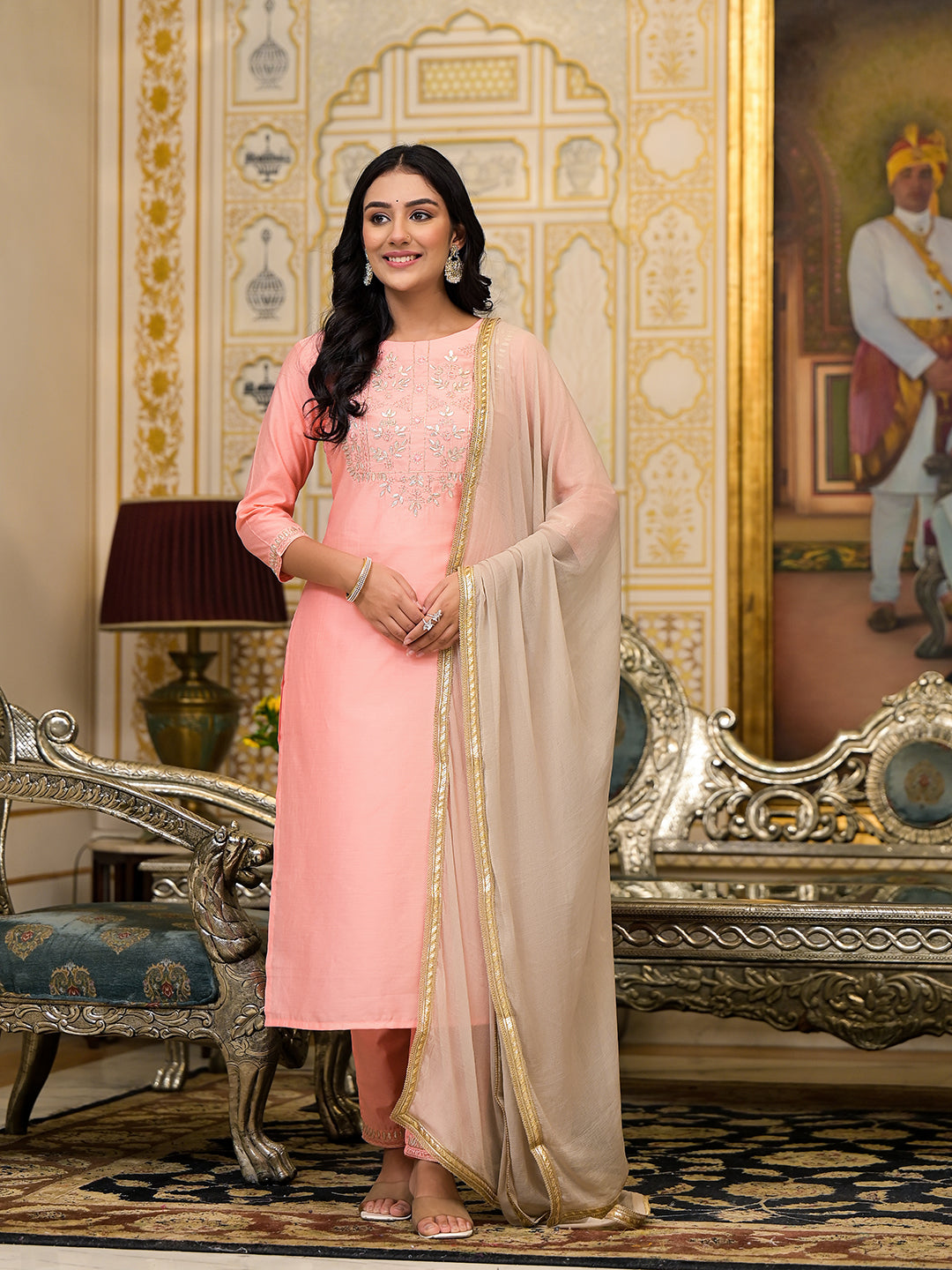 Peach Gota Patti Silk Kurta Set with Dupatta