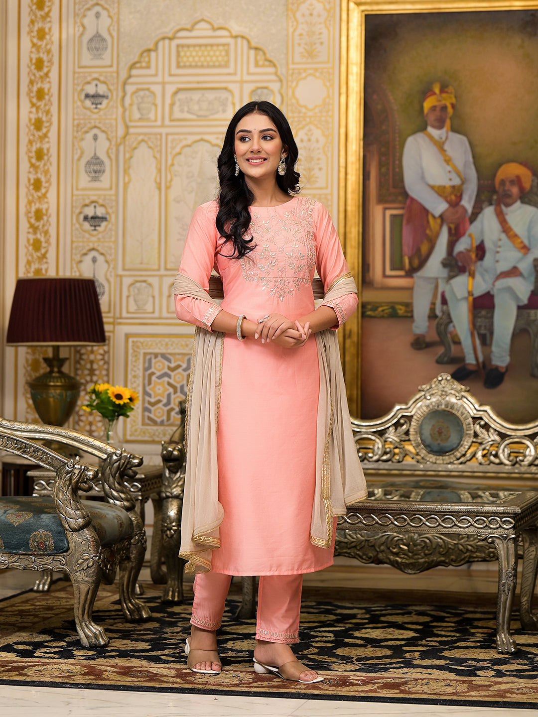 Peach Gota Patti Silk Kurta Set with Dupatta