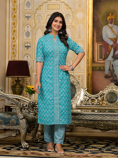 Sky Blue Printed Cotton Kurta Set with Dupatta