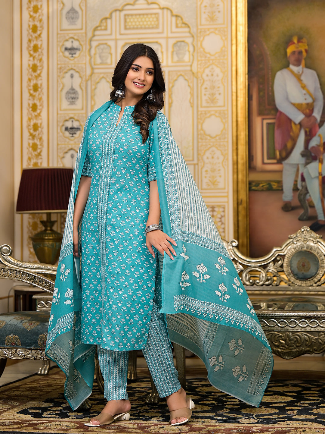 Sky Blue Printed Cotton Kurta Set with Dupatta