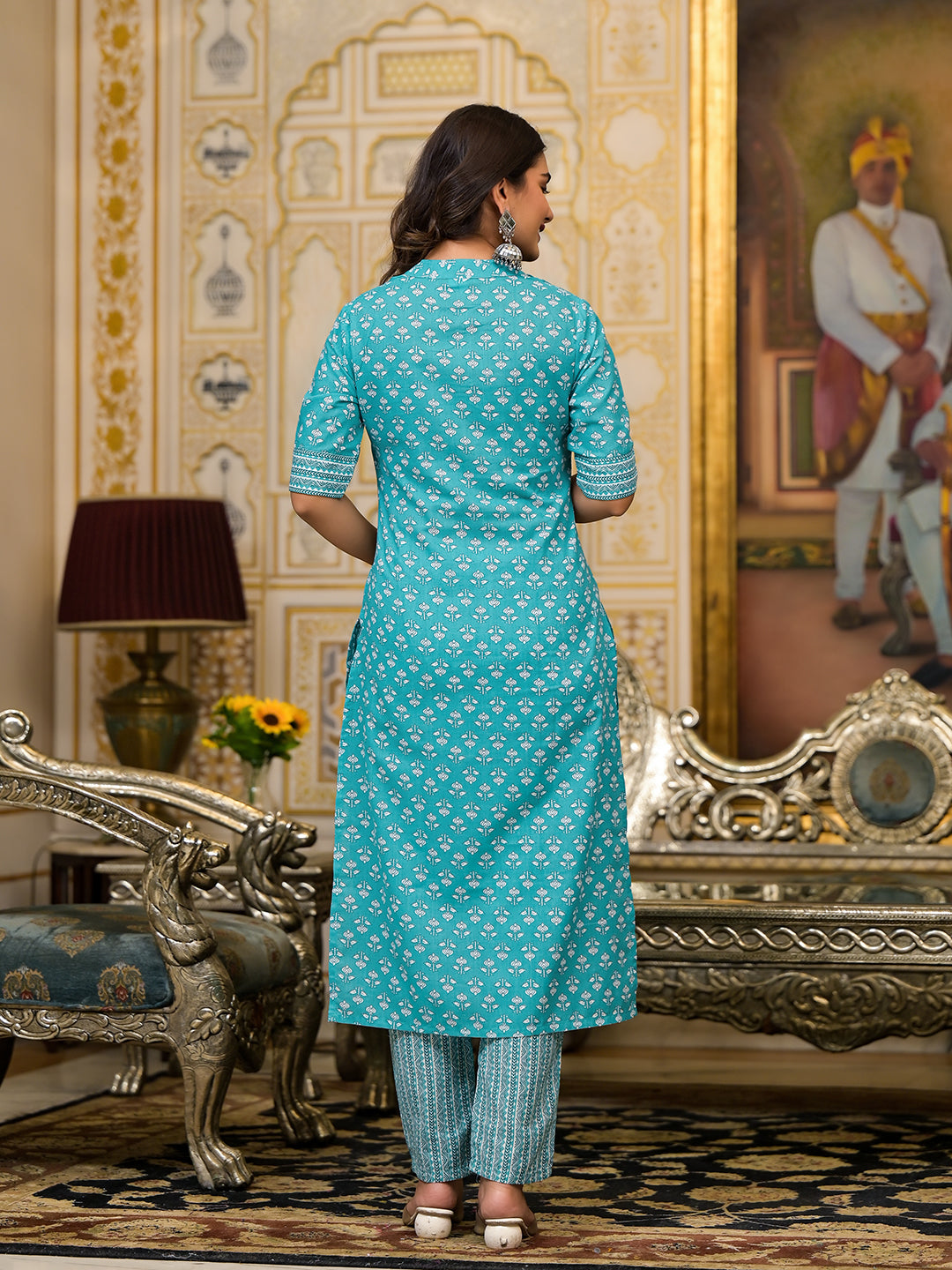 Sky Blue Printed Cotton Kurta Set with Dupatta