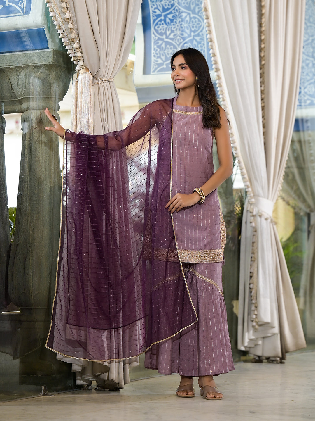 Purple Lurex Kurta Sharara With Organza Dupatta