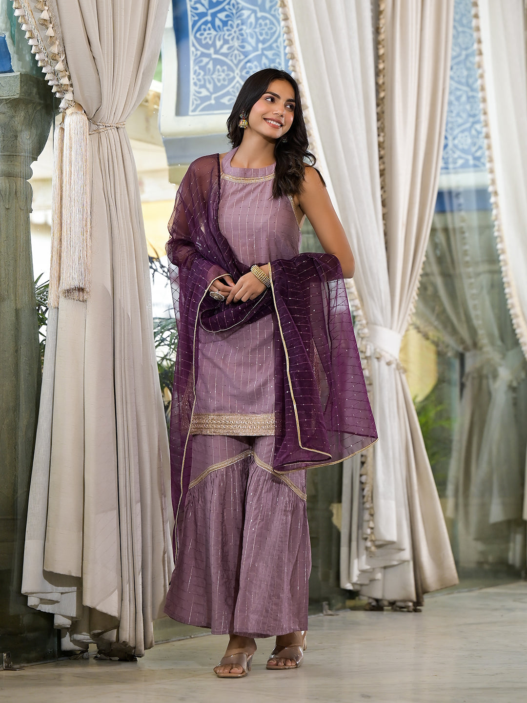 Purple Lurex Kurta Sharara With Organza Dupatta