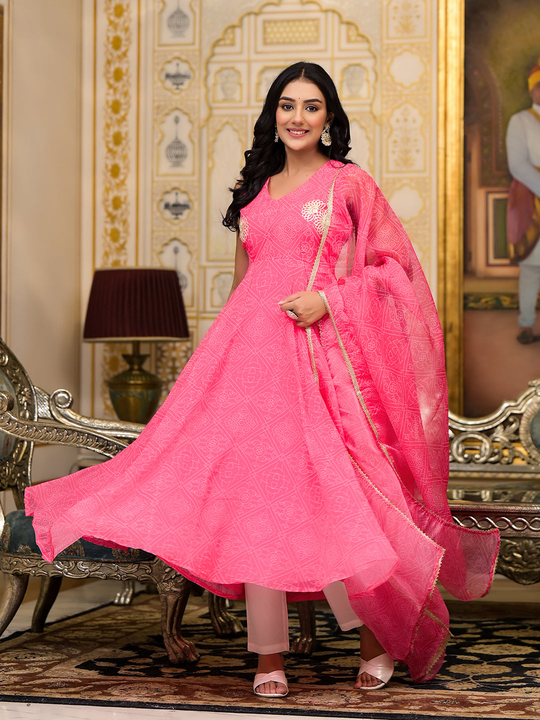 Pink bandhani Printed georgette Anarkali Suit Set with Gota Embroidery