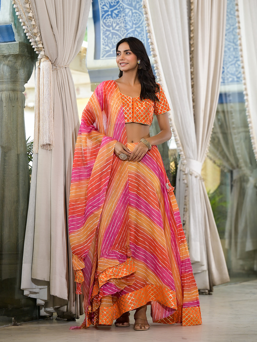 Orange and Pink Leheriya Kota Doria lehenga Choli