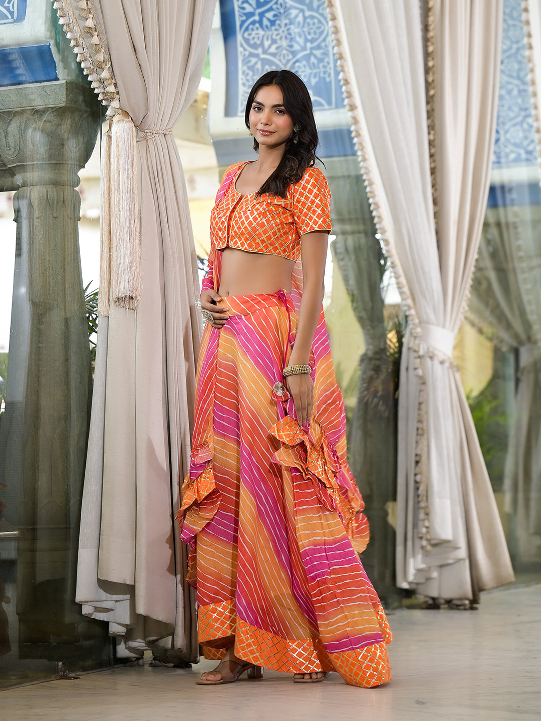 Orange and Pink Leheriya Kota Doria lehenga Choli