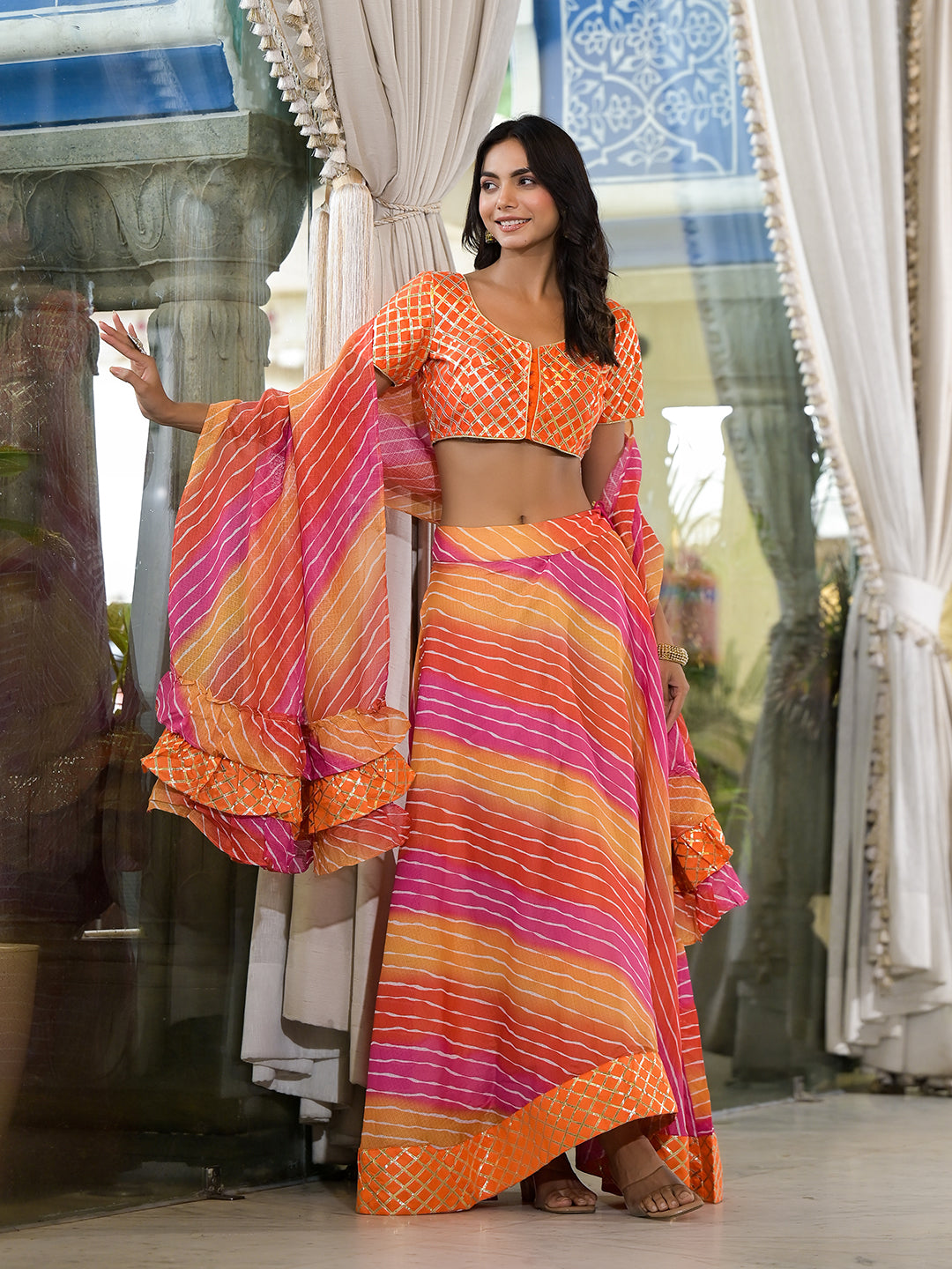 Orange and Pink Leheriya Kota Doria lehenga Choli