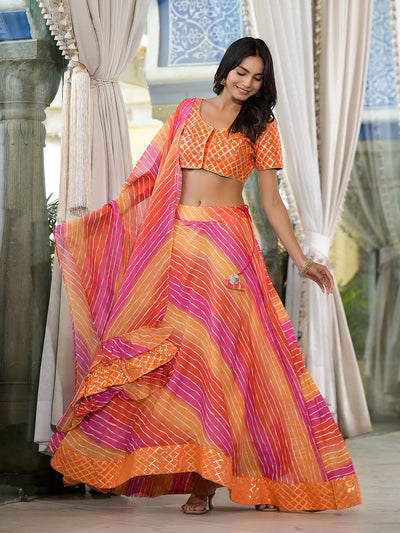 Orange and Pink Leheriya Kota Doria lehenga Choli