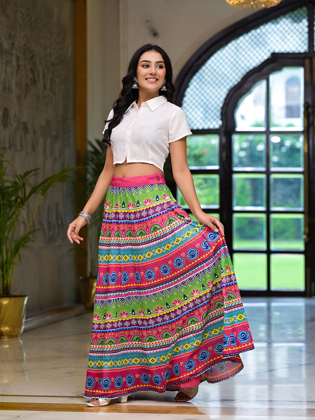 Multicolor printed skirt with White Top Co-Ord Set