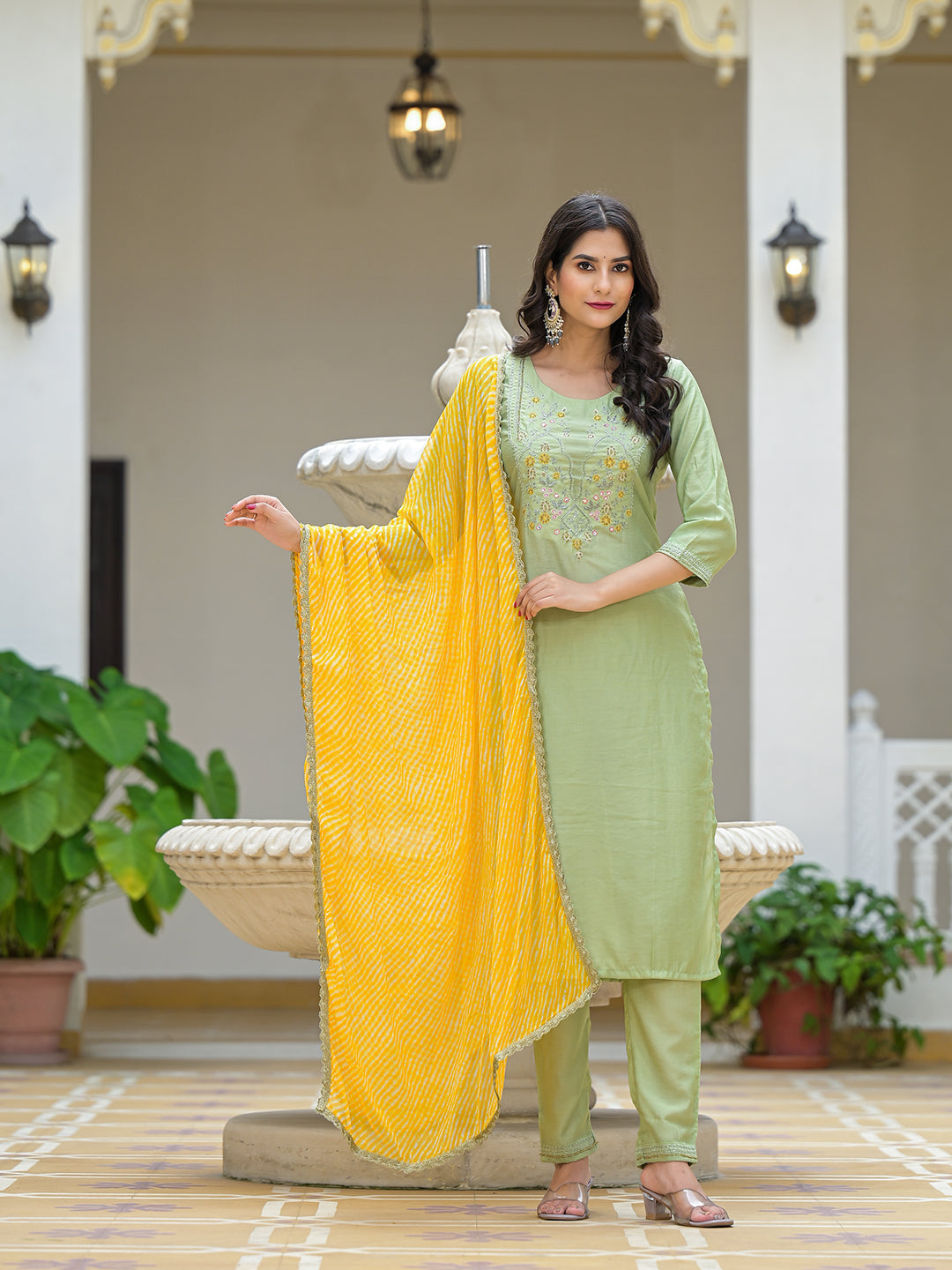 Mint Green Kurta Set with Yellow leheriya Dupatta