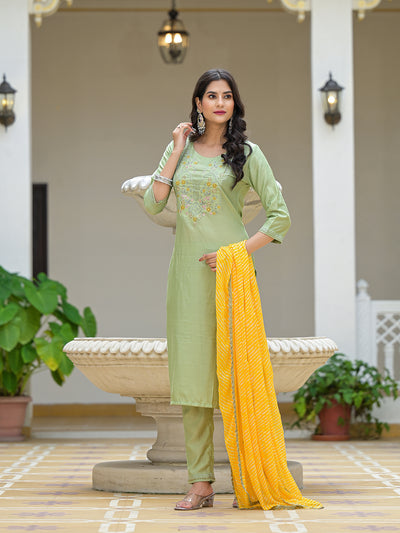 Mint Green Kurta Set with Yellow leheriya Dupatta